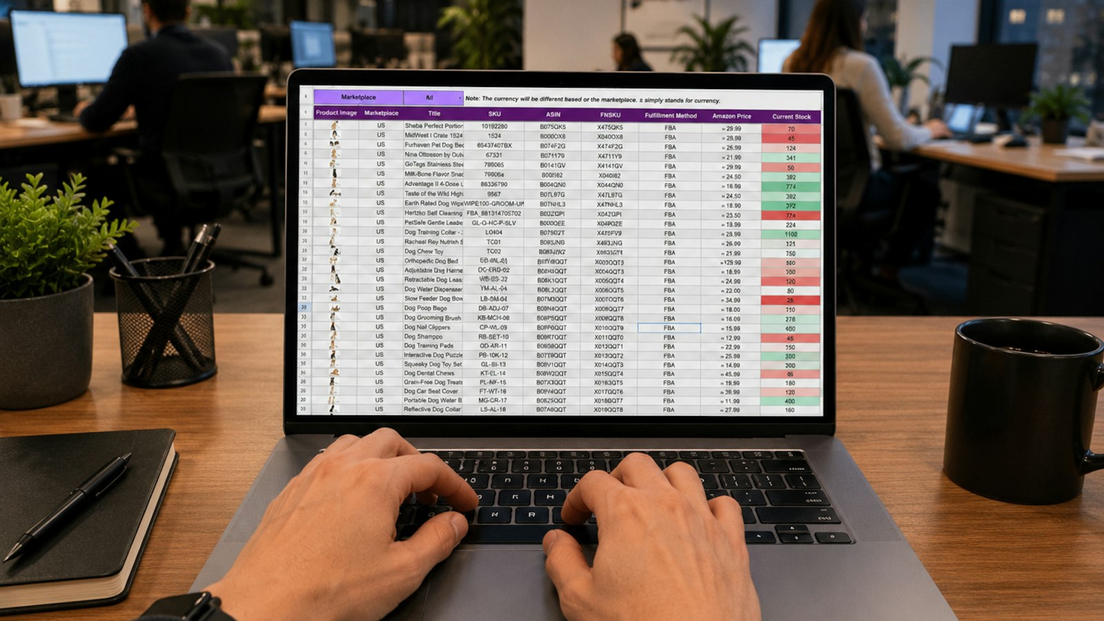 Hands on a laptop reconciling a spreadsheet